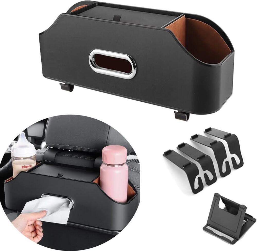 Car Back Seat Organizer With 2 Drink Cup Holder And Tissue Box, Headrest-Black
